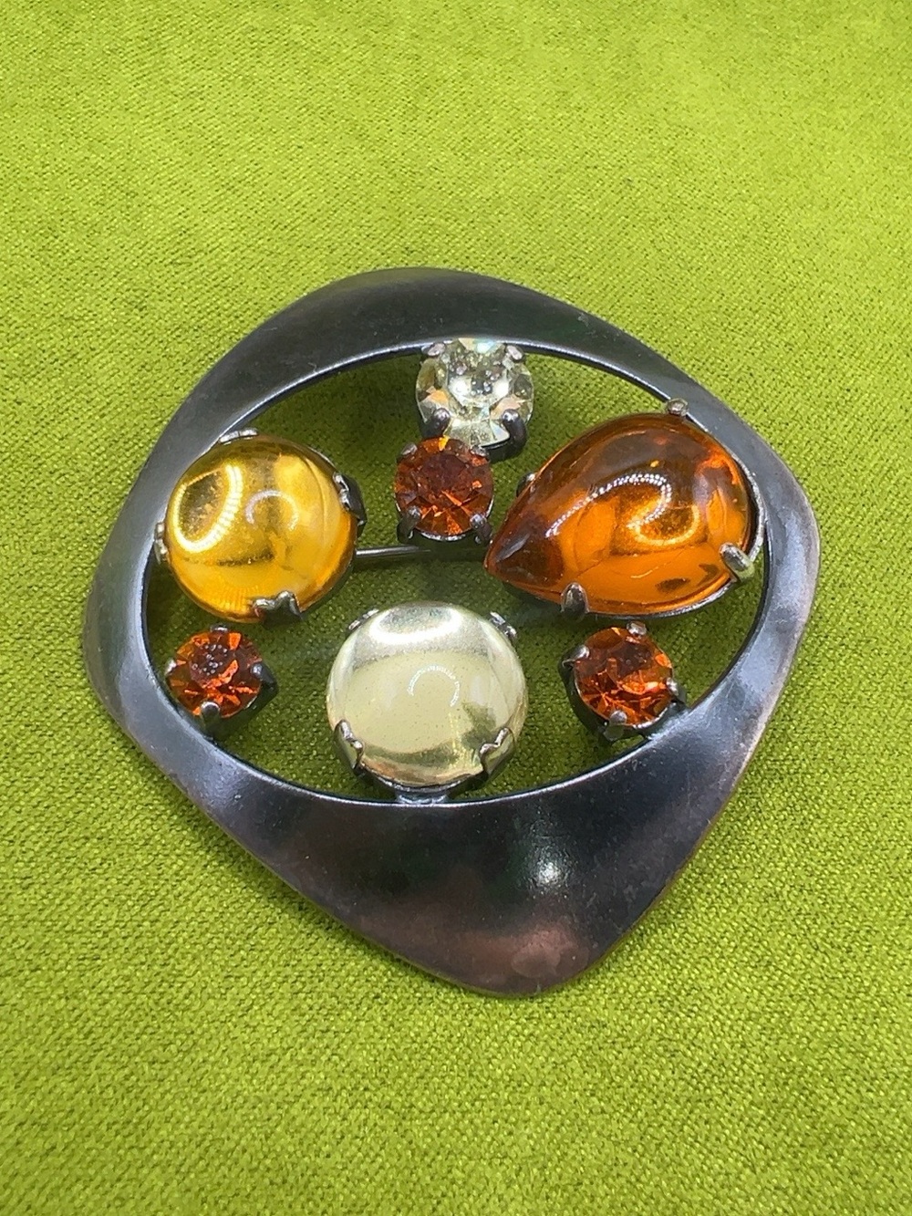 Vintage West Germany Modernist Brooch Rare Geometric Orange Rhinestone Pin